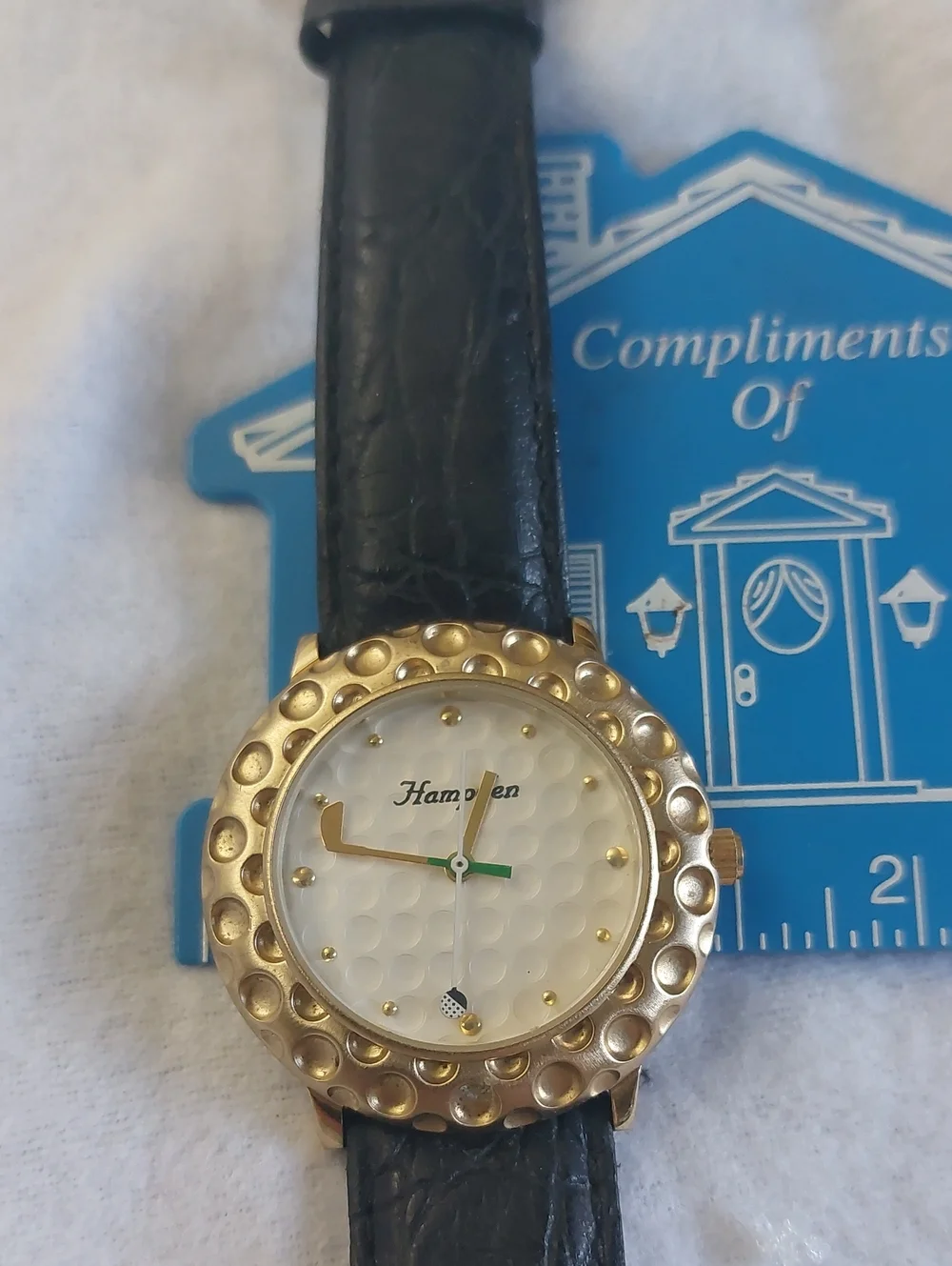 Vintage Estate Hampden Gold Golf Watch Golf Ball Bezel Leather Strap Works